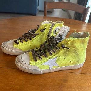 Golden Goose Francy High Top Sneaker in lime green with leopard laces.